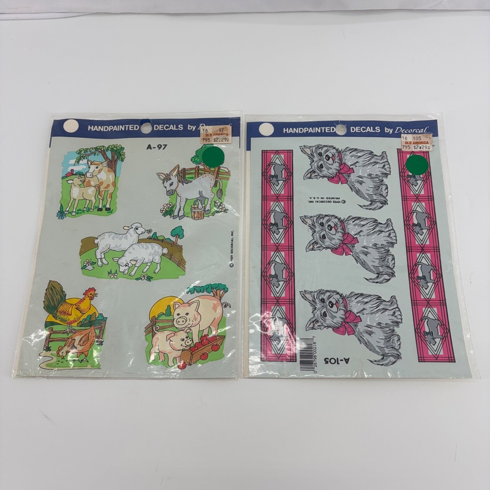 Vintage Decorcal Handpainted Decals Farm Animals Westie Dog A-97 A-105 Set of 2